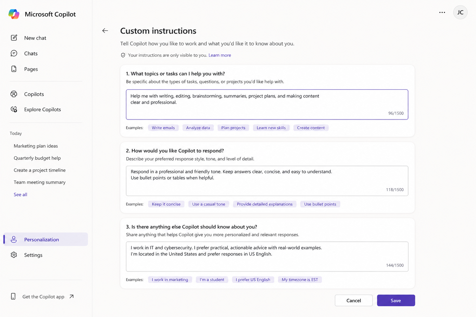 Microsoft Copilot Custom Instructions screen where users can enter personalization preferences.