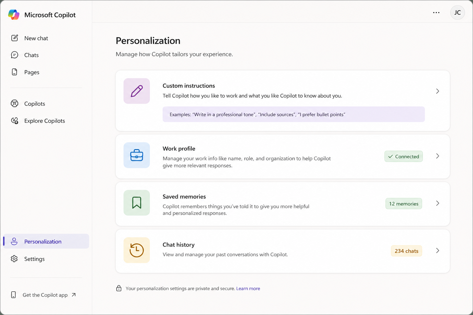 Microsoft Copilot Personalization settings showing custom instructions, work profile, saved memories, and chat history.